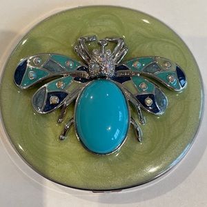 Saks SFA Double Mirror Purse Compact blue bumblebee Rhinestones VTG Enamel